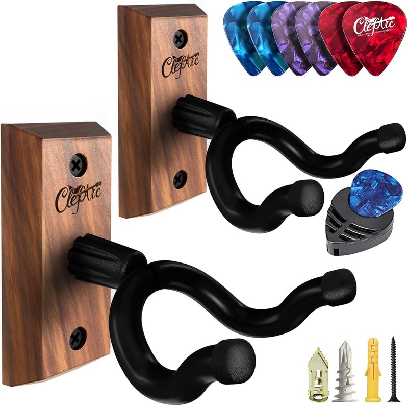 ClefArc Guitar Wall Mount 2 Pack - U-Shape Guitar Wall Hangers, Guitar Stand Wall, Black Walnut Guitar Hanger, Pick Holder, Gifts for Guitarists, with 6 Assorted Guitar Picks - Image 1